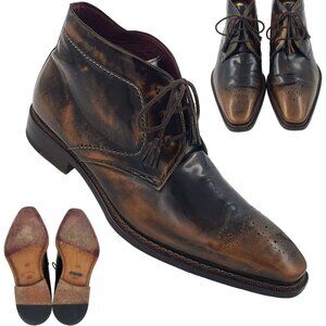 Mezlan Spain Antiqued Brown Gloss Leather Chukka Boots Mens 12 Dress Ankle Shoes